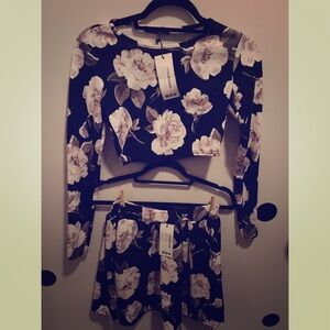 Boohoo Black Floral Long Sleeve Crop Top & Skirt Set